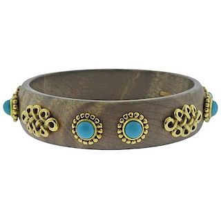 Adria de Haume Wood Turquoise 18k Gold Bangle Bracelet