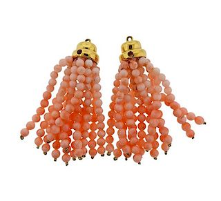 18k Gold Coral Bead Tassel Earrings Pendants 