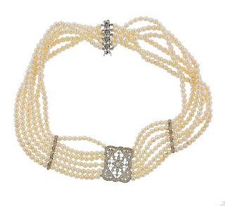 Platinum Diamond Pearl Bead Necklace 