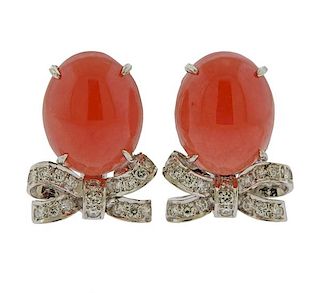 18k Gold Peach Gemstone Diamond Earrings 