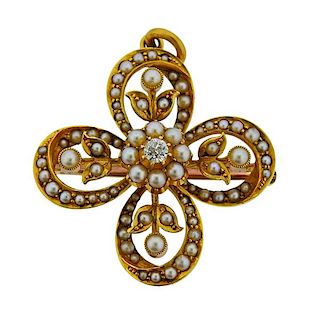 Antique 15k Gold Diamond Pearl Flower Brooch Pendant