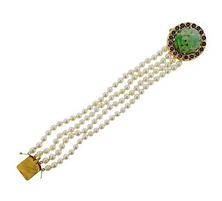 18k Gold Carved Jade Sapphire Pearl Bracelet 