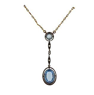 Antique 14k Gold Silver Blue Stone Diamond Lavalier Necklace 