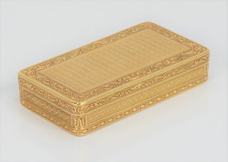 18 Karat Gold Rectangular Box, having a hinged lid with engine turning star and ball design top and bottom with scrolled leaf borders. 110 grams, top: