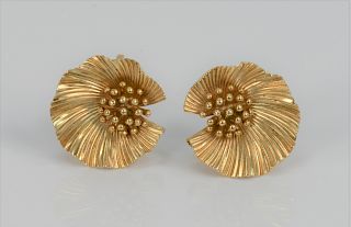 Pair of 14 Karat Gold Floral Earrings (clip on). 12.4 grams.