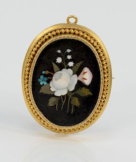 Victorian Gold Brooch/Pendant, mounted with oval micromosaic. height 1 3/4 inches.