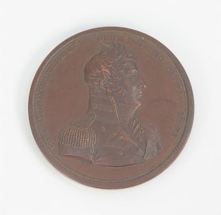 Captain James Lawrence Naval Medal, struck in bronzed copper with naval battle scene on reverse. 64 millimeters.