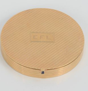 14 Karat Gold Round Makeup Box, with small blue stone clip, monogrammed EFL, 78.2 grams gross weight with mirror.