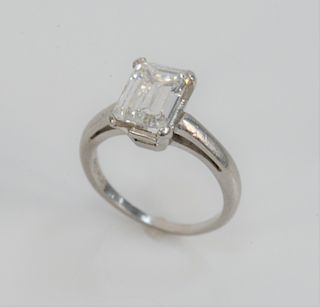 Platinum and Diamond Ring, set with emerald cut diamond 2.14 carats, size 5.