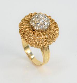 18 Karat Gold Ring Having Round Melee of Diamonds, with gold basket weave surround. ring size 10 1/2, 13.5 grams.