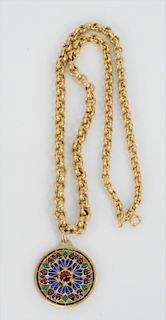Gold Chain, with round plique de jour style pendant marked with hallmarks. length 20 inches, 38.6 grams.