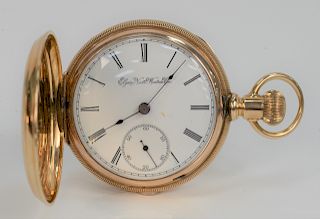 Elgin 14 Karat Gold Closed Faced Pocket Watch, sold by B.W. Raymond. 53 millimeters, total weight 118 grams.