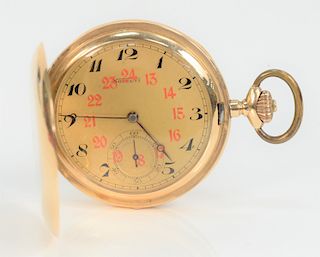 Novelty 14 Karat Gold Closed Face Pocket Watch, with red numbers on dial for twenty four hour clock (case doesn't stay closed). 51.5 millimeters, tota