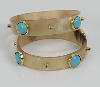 Pair of Horn Bangle Bracelets Mounted with Gold, set with four turquoise and four diamonds. diameter opening approximately 2 1/2 inches.