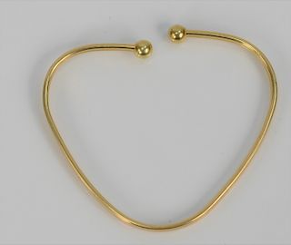 18 Karat Gold Bangle Bracelet, triangle shaped with ball ends, marked Swiss 750. 23 grams.