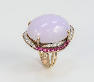 14 Karat Gold Ring, set with cabochon lavender jade with surround of thirty-two round brilliant cut diamond and twenty-four calibre cut rubies, center
