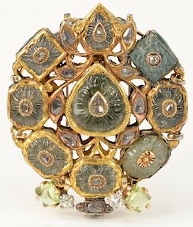 18 Karat Yellow Gold Mogul Brooch, front side set with eight carved cabochon emeralds of various shapes with a heart shaped carved cabochon emerald in