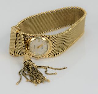 18 Karat Gold Mido Multifort Super Automatic Swiss Ladies Wristwatch, with 18 karat gold mesh band and tassel. total weight 71.6 grams.