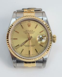 Rolex Mens Wristwatch, Oyster Perpetual Datejust stainless and gold band, serial number L586376 in Rolex box, #16233.