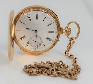 14 Karat Gold Closed Face Pocket Watch and Chain, dial and case marked 4475, quarter repeater, works marked Aug/Piguet Geneva. total weight 175.5 gram