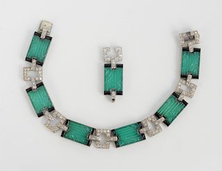 Platinum Diamond Green and Black Onyx Bracelet, made up of six rectangular links with green and black onyx with alternating links, mounted with diamon