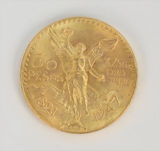 Fifty Peso Mexican Gold, 1947. 41.7 grams.