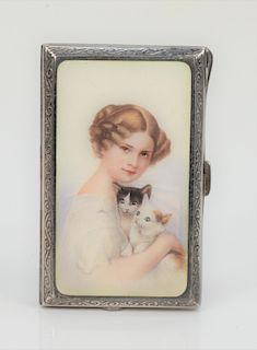 Enameled and Silver Cigarette Case, having enameled young girl with two cats, marked inside Rosie Lawler, Cologne xmas 1921. height 3 1/4 inches, widt