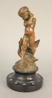 Edward Berge (1876 - 1924) bronze, duck mother goose girl on slate flower frog base, signed Berge on base of bronze. total height 8 3/4 inches.