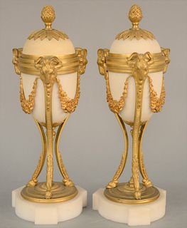 Pair of Louis XVI French Bronze Dore and White Marble Cassettes, dome top cover reversing to bronze candle holder, urn form with gilt bronze rams head
