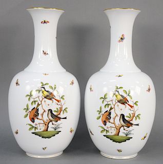 Pair of Large Herend Rothschild Bird Vases, urn form with reserves of polychrome birds perched in branches of a tree with butterflies throughout, mark