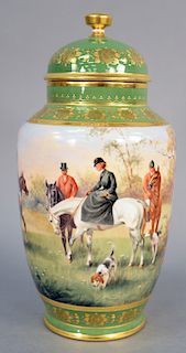 Royal Vienna Porcelain Covered Urn, hand painted fox hunt scene, signed Marz, titled on bottom "The Meet", under glazed blue beehive mark on bottom. h