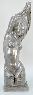 Art Deco Carved Gray Marble Figure, partially nude female figure undressing, unsigned. height 45 1/2 inches.