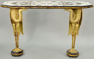 Continental Parcel Gilt Crane Base Console Table, having pietra dura marble veneered top resting on two gilt and marble crane figures standing on octa
