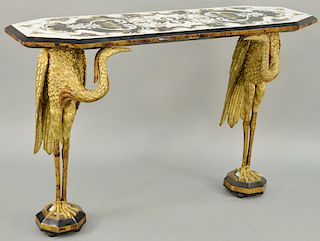 Continental Parcel Gilt Crane Base Console Table, having veneered pietra dura and marble veneered top resting on two gilt and marble crane figures sta