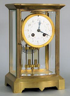 Japy Freres French Mantle Clock for Tiffany And Company, having brass and beveled glass case with hinged doors with white enameled dial having painted