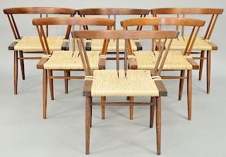 Set of Six George Nakashima Chairs, cherry with woven seagrass seats, USA circa 1975. height 26 1/2 inches.