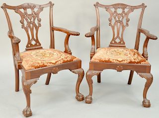 Pair of Charles Post Custom Mahogany Chippendale Style Armchairs, having carved pierce splat with carved arms and supports over slip seat with shell c
