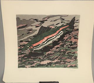 Neil Gavin Welliver (1929 - 2005), "Winter Rainbow Trout" 1983, aquatint and etching printed in colors on arches cover paper, pencil signed lower righ