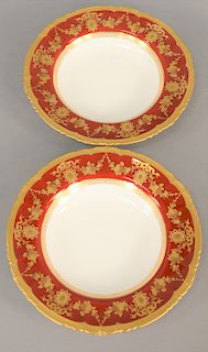 Set of Eleven Royal Crown Derby Soup Bowls, with high relief gold borders, sold by Tiffany and Company. diameter 9 7/8 inches.
