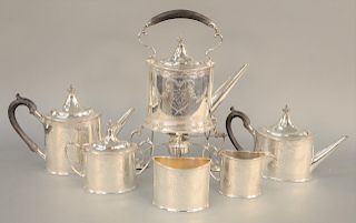 Sterling Silver Six Piece Tea and Coffee Set, George II style including tea pot, coffee pot, hot water tilting pot, sugar, creamer and waste bowl. tal