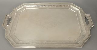 Spaulding Sterling Silver Tray, with two handles, monogrammed JMS. length 29 1/4 inches, 187.9 troy ounces. Provenance: Slocomb Brown Villa Newport Rh
