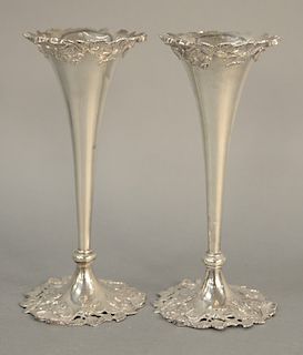 Pair of Howard and Company Sterling Silver Vases, with floral tops and bases. height 10 inches, 19.9 troy ounces. Provenance: Slocomb Brown Villa Newp