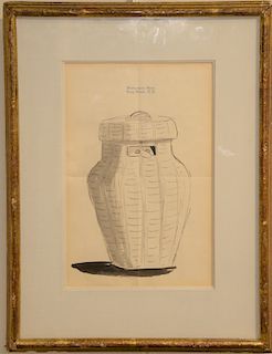 Charles Addams (1912 - 1988), untitled figure in a basket, ink and wash on stationery, unsigned, letter on back written to Heinz. 10 1/4" x 6 3/4". Pr