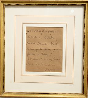 Edgar Degas (1834 - 1917), autograph letter to Madonna Valadon from Degas Paris, R. Fontaine July 1895 signed Degas. sight size: 5" x 4 1/4".