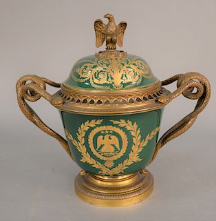 Sevres Gilt Bronze Mounted Porcelain Cachepot, green ground decorated with gold floral swag, Napoleonic crest on one side, and gilt eagle on opposing 