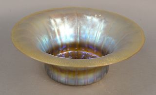 Nash Art Glass Bowl, having large gold iridescent ruffled body flared rim in blue, pink and purple iridescence, bottom marked Nash 502. height 4 1/2 i
