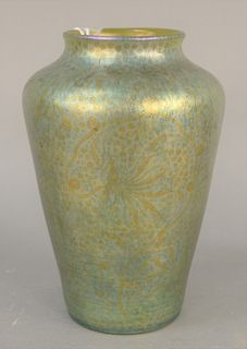 Loetz Art Glass Vase, iridescent shouldered shape with stylized floral design having ground pontil bottom. height 9 inches.