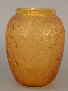 Rene Lalique Glass Vase, "Biches" Amber frosted glass having deer eating leaves marked Lalique France on bottom. height 6 3/4 inches.