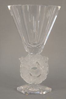 Rene Lalique Crystal "Mesanges" Vase, having clear crystal top on frosted wreath with bird stem on clear footed base, marked Lalique France. height 12