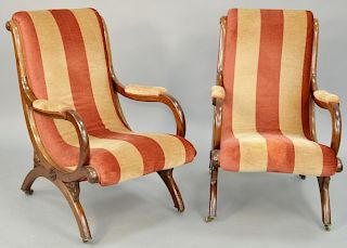 Pair of William IV Walnut Upholstered Armchairs, 19th century, scroll form upholstered in a gold and cranberry plush. height 38 inches, width 32 1/2 i